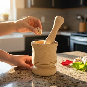 Hand Carved Pine Wood Mortar and Pestle, Rustic Spice Grinder Kitchen Utensil