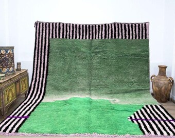 Handmade Striped Moroccan Rug: Green Berber Wool Beni Ourain Rug