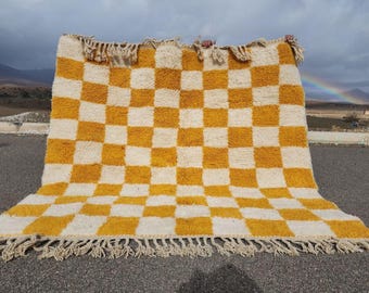 Moroccan yellow Checkered rug - Handmade  Beni ourain Wool berber