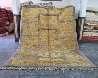 Handmade Beni Ourain Wool Rug: Black & Yellow Moroccan Berber Carpet
