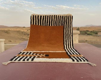 Handmade Striped Brown Wool Rug: Scandinavian Boho Moroccan Area Rug
