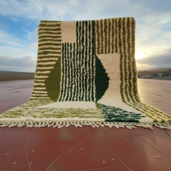Alfombra marroquí verde oliva hecha a mano de 8x10 pies – Lana bereber tejida a mano, decoración bohemia para el hogar