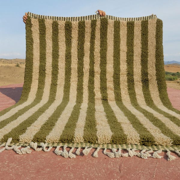 Tappeto marocchino Beni Ourain a righe fatto a mano: tappeto di lana verde