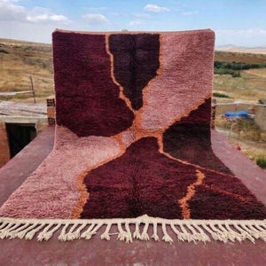 Peut inclure: Un tapis rectangulaire à poils longs présentant un motif abstrait composé de formes organiques bordeaux foncé, marron foncé et rose poudré, séparées par de fines lignes orange, avec une frange nouée de couleur crème sur le bord inférieur.