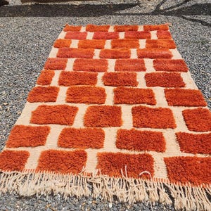 May include: A rectangular rug with a brick-like pattern. The rug features a cream-colored background with raised, shaggy, orange-red rectangular blocks. The rug has a fringe along the bottom edge, adding texture and detail. This rug is suitable for home decor.