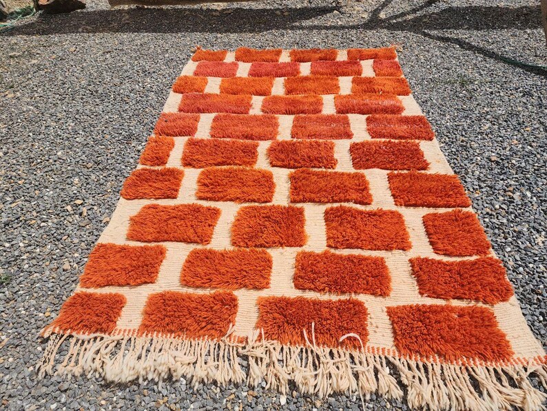 May include: A rectangular rug with a brick-like pattern. The rug features a cream-colored background with raised, shaggy, orange-red rectangular blocks. The rug has a fringe along the bottom edge, adding texture and detail. This rug is suitable for home decor.