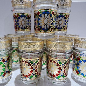 Beldi Glasses Set of 12 Cups Handcrafted Moroccan - Traditional Zellige Design with Elegant Gold Details