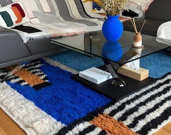 Cadeau handgeweven Marokkaans wollen tapijt: abstract berberontwerp, blauw handgemaakt Marokkaans tapijt