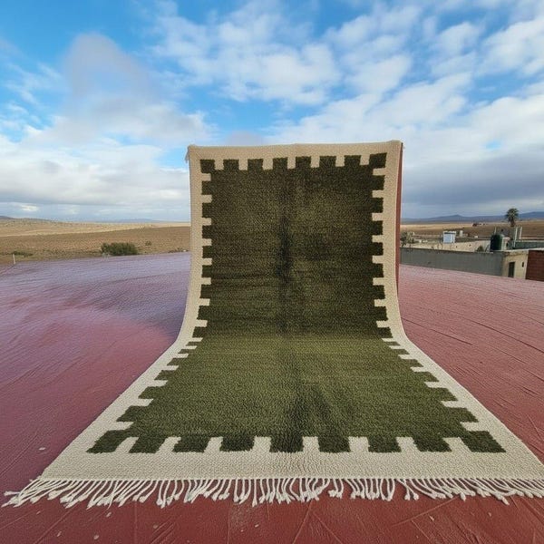Alfombra bereber de lana verde oliva hecha a mano, alfombra marroquí moderna.