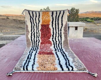 Striped Orange Wool Berber Rug, Handmade Moroccan Carpet
