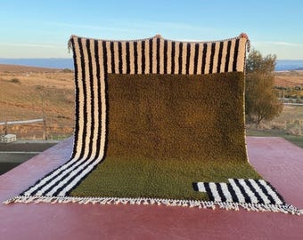 Handwoven Dark Olive Green Striped Wool Rug: Boho Nordic Minimalist Decor, Custom Size