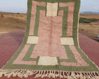 Hand Tufted Moroccan Wool Rug: Olive, Pink, Green Berber Carpet