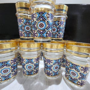 Beldi Glasses Set of 12 Cups Handcrafted Moroccan - Traditional Zellige Design with Elegant Gold Details