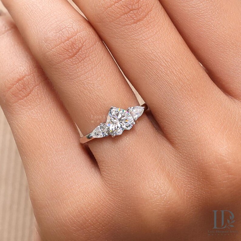 Heart Engagement Ring, Three Stone Bridal Ring, Moissanite Promise Ring ...