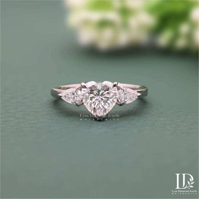 Heart Engagement Ring, Three Stone Bridal Ring, Moissanite Promise Ring ...
