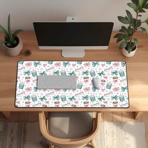 Aesthetic Neoprene Desk Mat with Mugs and Bows | Non-Slip Desk Mat in Green and Pink | Large Cozy Workspace Mouse Pad