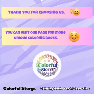 K&ouml;nnte beinhalten: Grafik mit dem Text &bdquo;DANKE, DASS SIE SICH F&Uuml;R UNS ENTSCHIEDEN HABEN&ldquo; und &bdquo;SIE K&Ouml;NNEN UNSERE SEITE F&Uuml;R WEITERE EINZIGARTIGE MALB&Uuml;CHER BESUCHEN&ldquo;. Ein kreisf&ouml;rmiges Logo mit &bdquo;Colorful Stories&ldquo; und einem floralen Design. Der Text &bdquo;Coloring Books For A Good Time&ldquo; ist ebenfalls vorhanden.