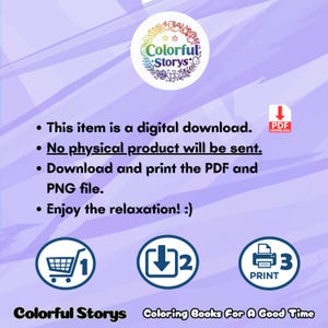 K&ouml;nnte beinhalten: Digitaler Download-Grafik mit dem Colorful Storys-Logo, einem kreisf&ouml;rmigen Design mit farbenfrohem Text und floralen Elementen. Der Text enth&auml;lt "This item is a digital download" und "Download and print the PDF and PNG file."