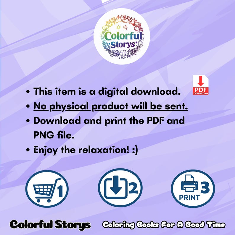 K&ouml;nnte beinhalten: Digitaler Download-Grafik mit dem Colorful Storys-Logo, einem kreisf&ouml;rmigen Design mit farbenfrohem Text und floralen Elementen. Der Text enth&auml;lt "This item is a digital download" und "Download and print the PDF and PNG file."