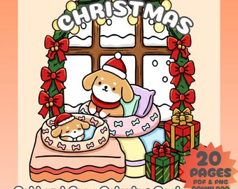 May include: A digital coloring book cover with a cozy Christmas theme. It features a cartoon dog wearing a Santa hat and scarf, nestled in a bed. The image includes a window, gifts, and the text "COZY CHRISTMAS".