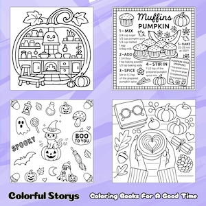K&ouml;nnte beinhalten: Schwarz-Wei&szlig;-Illustrationen von K&uuml;rbissen, einer K&uuml;che, einem Muffin-Rezept und Halloween-Elementen. Der Text enth&auml;lt "Spooky", "Boo to You" und "Muffins Pumpkin". Der Text unten lautet "Colorful Stories Coloring Books For A Good Time".