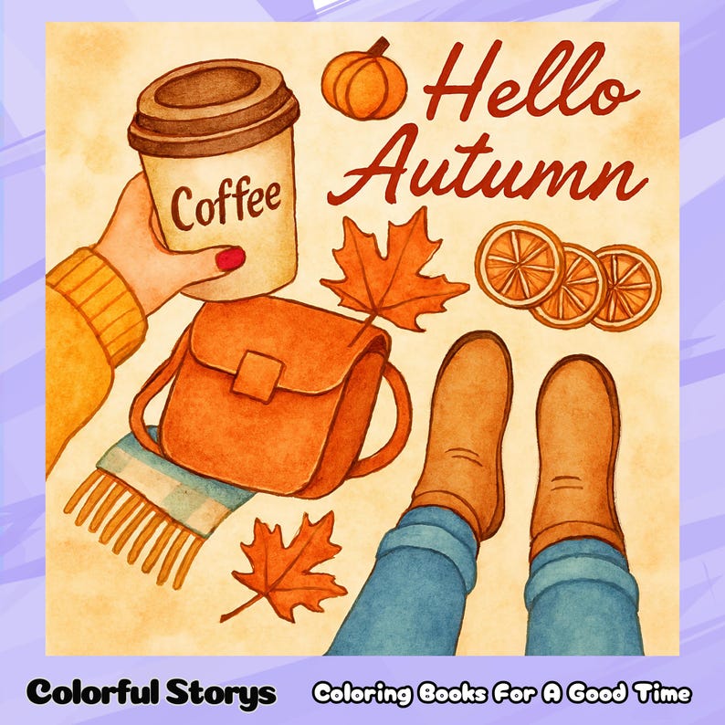 K&ouml;nnte beinhalten: Aquarellillustration mit Herbstthema. Eine Hand h&auml;lt eine Kaffeetasse, daneben ein K&uuml;rbis, eine Handtasche und Stiefel. Der Text "Hello Autumn" ist rot geschrieben. Das Bild enth&auml;lt auch den Text "Colorful Stories Coloring Books For A Good Time."