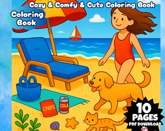 Cozy Summer Coloring Book, 10 Cute Friends Illustrations, Bold Easy Printable PDF Instant Digital Download