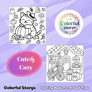K&ouml;nnte beinhalten: Eine Sammlung von Schwarz-Wei&szlig;-Illustrationen f&uuml;r Malb&uuml;cher. Enth&auml;lt eine Katze mit Hexenhut auf einem K&uuml;rbis, ein Haus mit Fahrrad und die Texte "Colorful Stories" und "Cute & Cozy".