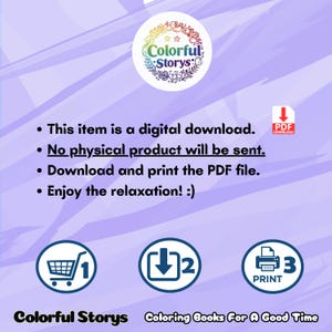 May include: Digital download graphic with the Colorful Stories logo, a floral design with text. The image includes instructions: download and print the PDF file. Icons for shopping cart, download, and print are also shown.