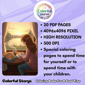 May include: Digital coloring book advertisement. The image shows a woman coloring at a table with a cat and a cup of coffee. Text includes "20 PDF PAGES", "4096x4096 PIXEL", "HIGH RESOLUTION", and "300 DPI". The book is for adults and children.