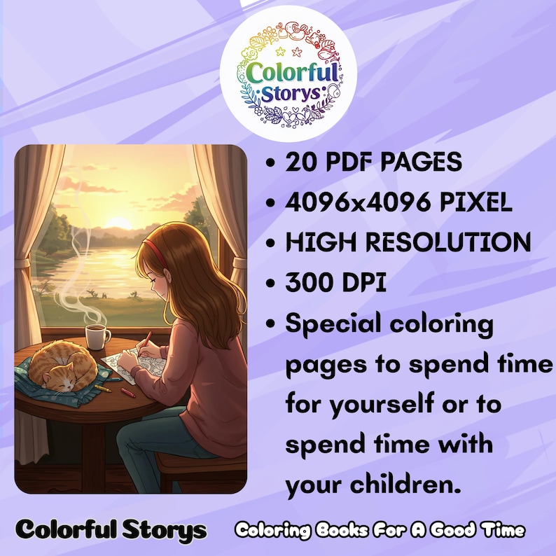 May include: Digital coloring book advertisement. The image shows a woman coloring at a table with a cat and a cup of coffee. Text includes "20 PDF PAGES", "4096x4096 PIXEL", "HIGH RESOLUTION", and "300 DPI". The book is for adults and children.