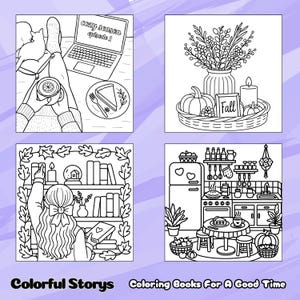 May include: Black and white line art illustrations of cozy scenes, including a laptop with "cozy season episode 1" on the screen, a fall-themed still life, and a kitchen. The text "Colorful Stories Coloring Books For A Good Time" is at the bottom.