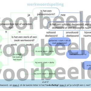 May include: A Dutch language flowchart titled werkwoordspelling detailing verb spelling rules. It uses green boxes for present tense and blue boxes for past tense, participles, and adjectives, with arrows connecting steps and the text 'voorbeeld' overlaid.
