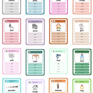 Op de afbeelding: Een verzameling kleurrijke flashcards met Nederlandse woorden en illustraties. Elke kaart toont een andere afbeelding, zoals katten, een bank, een duif, een huis, een tafel, een haai, paarden, een meneer, een huisje en een ring.
