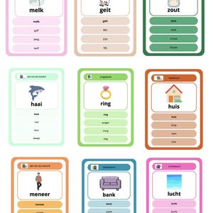 Op de afbeelding: Negen kleurrijke flashcards met illustraties en woorden. De kaarten bevatten afbeeldingen van een melkpak, een geit, een zoutstrooier, een haai, een ring, een huis, een man, een bank en lucht. Elke kaart heeft een woord en een lijst met gerelateerde woorden.