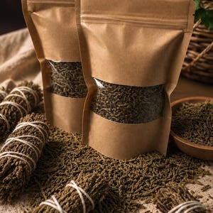 May include: Two brown kraft paper stand-up pouches with clear windows filled with dried green herbal material. Several bundles of dried green herbs tied with white string are arranged around the pouches on a textured beige fabric surface.