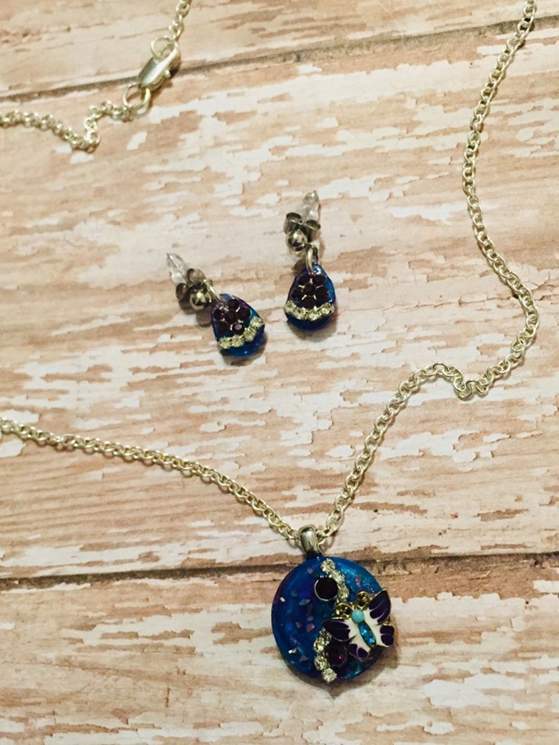 Blue /& Purple Butterfly Necklace and Earrings Set