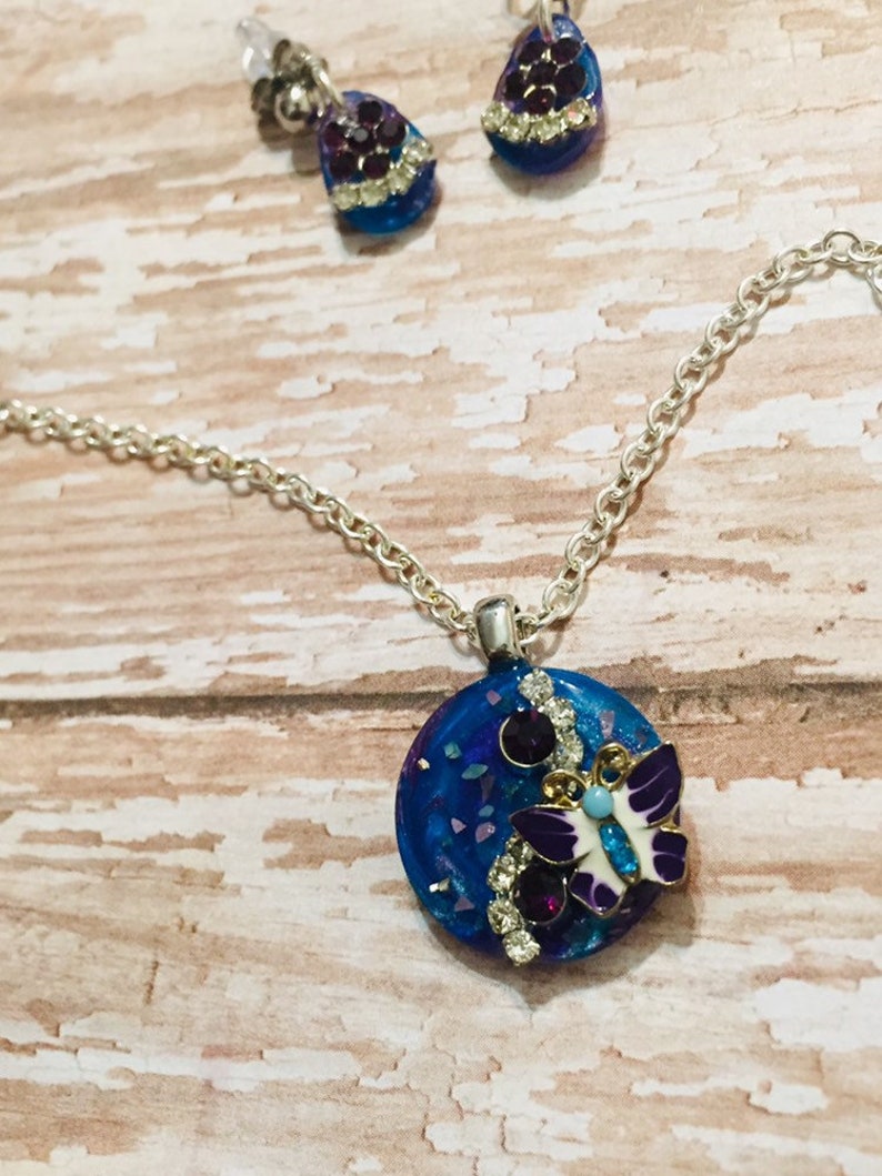 Blue /& Purple Butterfly Necklace and Earrings Set