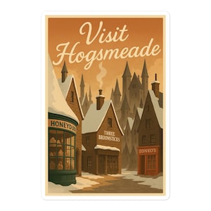 May include: A vintage-style sticker featuring a snowy village scene with the text "Visit Hogsmeade." The illustration depicts shops like Honeydukes, Three Broomsticks, and Zonko's, with a castle in the background. The color palette includes warm tones of brown, orange, and cream.
