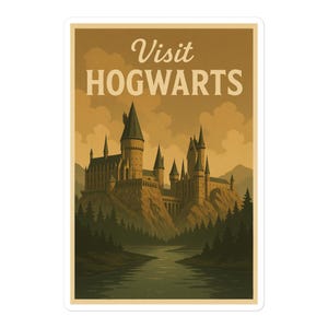 May include: A vintage-style sticker with the text "Visit HOGWARTS" above an illustration of a castle on a cliff, with a river and trees in the foreground. The color palette is primarily sepia tones.