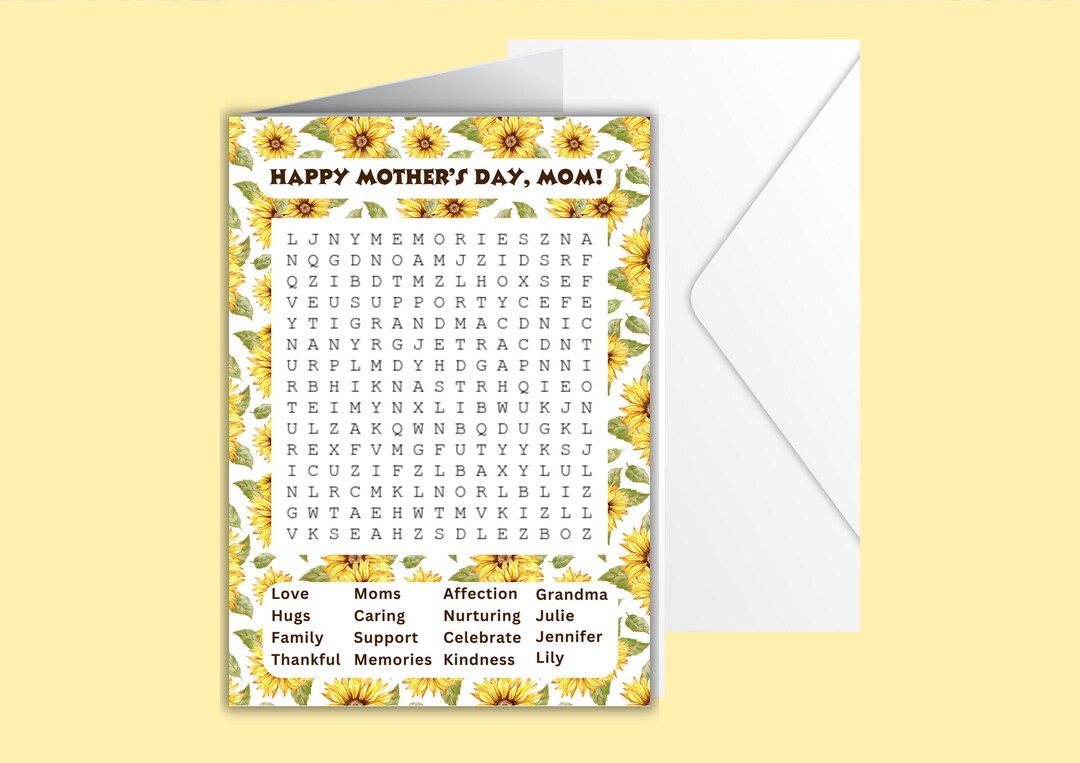 Custom Word Search Mother's Day Card Personalized Word Search Mother's ...