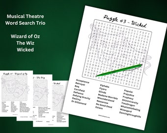 Broadway Word Search Trio Featuring: Wizard of Oz, The Wiz & Wicked | Theatre Lovers, Brain Game, Musicals | Large Print | Instant Download
