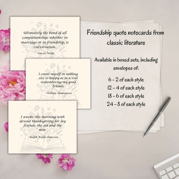 Friendship Notecards - 4.25x5.5 | Personalized or Blank inside | Quotes by Classic Authors | Boxed set | Shakespeare | Wilde | Emerson