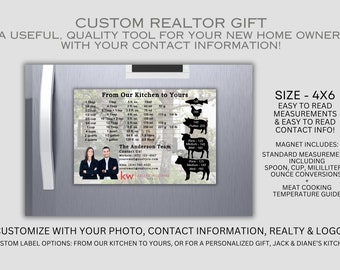 Custom Fridge Magnet w/ your contact info/photo/logo - Realtor Gift - Thank You - Kitchen Conversion Chart & Meat Temperature Guide