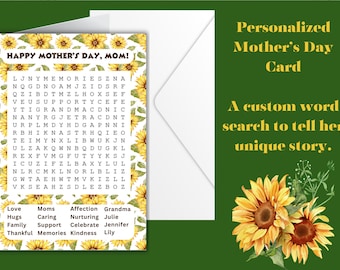 Personalized Mother’s Day Card |Custom Word Search Card | 5x7 | Celebrate Mom's day in a uniquely personal way!