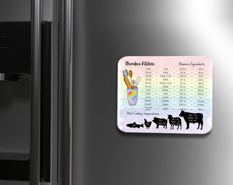 Kitchen Conversion Chart & Meat Temp Guide. Personalized Fridge Magnet - Rainbow Heart vase and background. 4x6 or 5x7