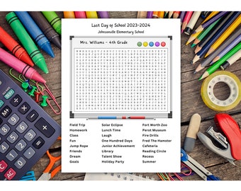 Last Day of School - Custom Word Search Printable - Awesome way to remember the year's events Digital Download ready w/in 2 days of purchase