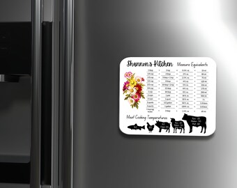 Kitchen Conversion Chart & Meat Temp Guide - Fridge Magnet - Flowers w/white background. Available in 4x6 and 5x7.
