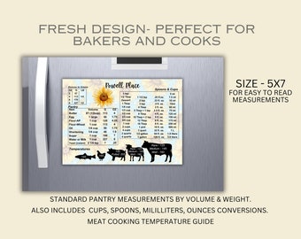 Personalized Kitchen Conversion Chart & Meat Temperature Guide - Cooking/Baking - Fridge Magnet - Multiple backgrounds avail - Can customize