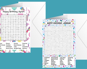 May include: Two colorful birthday cards with word search puzzles. The first card is for Dylan and the second card is for Jordan. Both cards have a blue background with confetti and balloons.